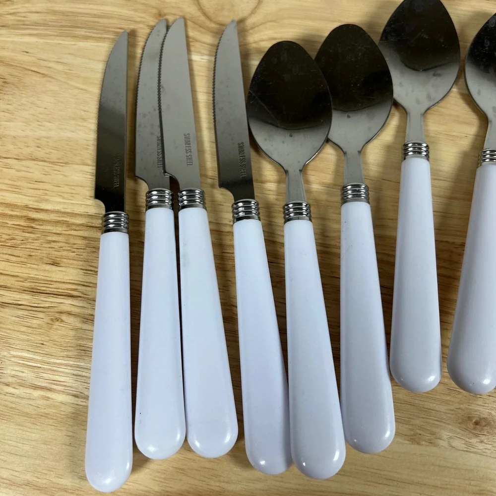 12pc Stainless Steel Flatware Set White Plastic Handles Service for 4 MCM Style